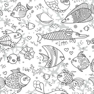 Background underwater world. Seamless pattern with cute fish, shells, corals Illustrazione stock