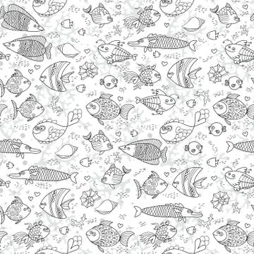 Background underwater world. Seamless pattern with cute fish, shells, corals Illustrazione stock