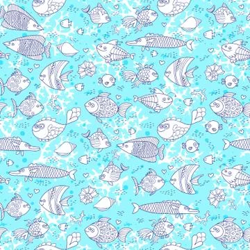 Background underwater world. Seamless pattern with cute fish, shells, corals Illustrazione stock