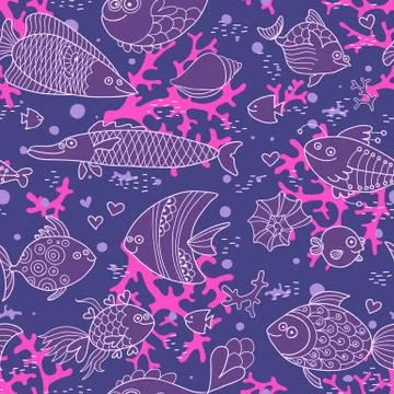 Background of underwater world. Seamless pattern with cute fish, shells, corals Stock Illustration