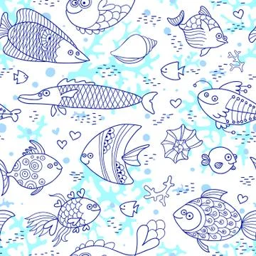 Background underwater world. Seamless pattern with cute fish, shells, corals Illustrazione stock