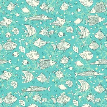 Background of underwater world. Seamless pattern with cute fish, shells, corals Illustrazione stock