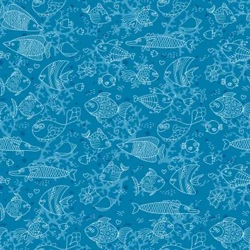 Background of underwater world. Seamless pattern with cute fish, shells, corals Illustrazione stock