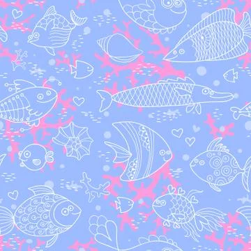 Background of underwater world. Seamless pattern with cute fish, shells, corals Stock Illustration
