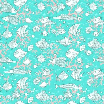 Background of underwater world. Seamless pattern with cute fish, shells, corals Illustrazione stock