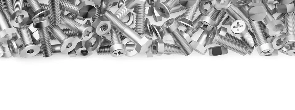 Background upper border or edge of stainless steel metal screws, nuts, bolt.. Stock Illustration