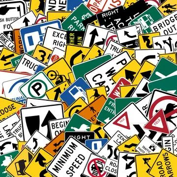 Background of US standard road signs randomly scattered in various sizes an.. Stock Illustration