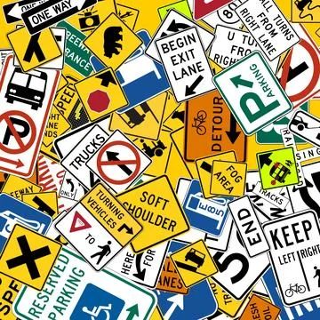 Background of US standard road signs randomly scattered in various sizes an.. Stock Illustration