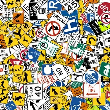 Background of US standard road signs randomly scattered in various sizes an.. Stock Illustration