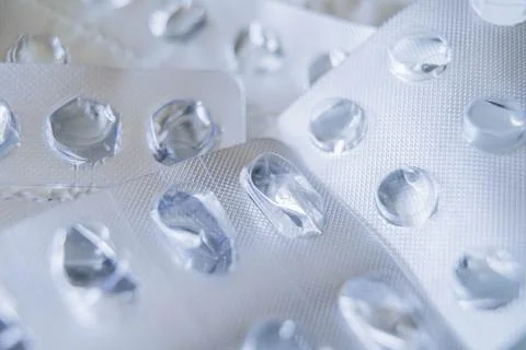Background of used medicine packages. Empty plastic blister package Foto stock