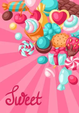 Background with various candies and sweets. Confectionery or bakery stylized Stock Illustration