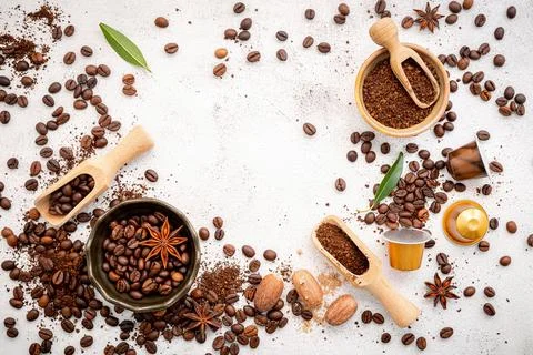 Background of various coffee , dark roasted coffee beans , ground and capsule 写真素材