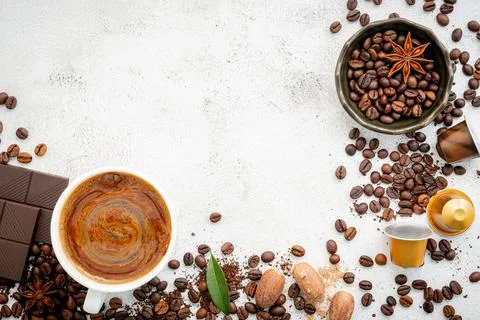 Background of various coffee , dark roasted coffee beans , ground and capsule Stock Photos