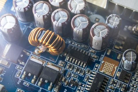 Background of various electronic components on printed circuit board Foto stock