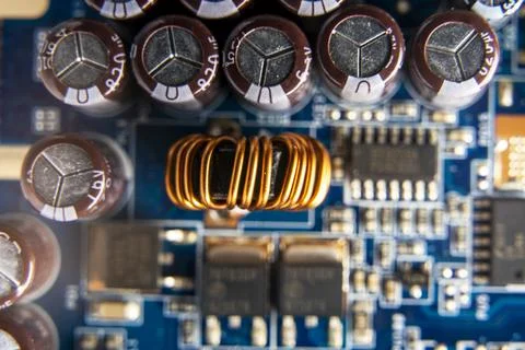 Background of various electronic components on printed circuit board Stock Photos