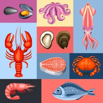 Background with various seafood. Illustration of fish, shellfish and crustaceans Stock Illustration