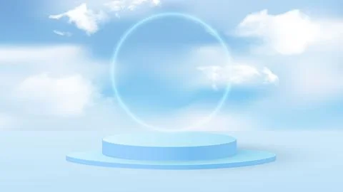 Background vector 3D blue rendering with podium and minimal cloudy scene Stock Illustration