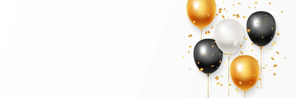 Background vector with festive realistic 3D balloons with ribbon. Decorative Stock Illustration