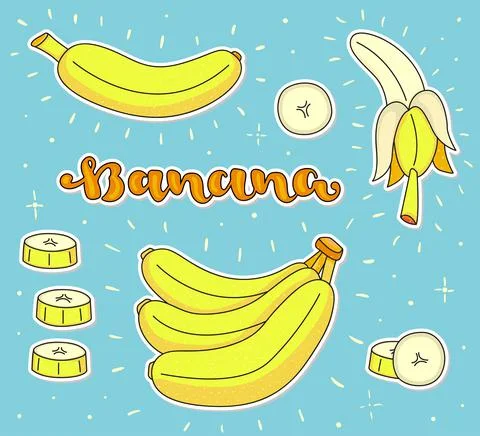 Background with vector hand drawn calligraphy and cartoon banana set Stock Illustration