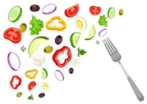 Background with vegetables and fork. Fresh products for Greek salad. Medite.. Stock Illustration