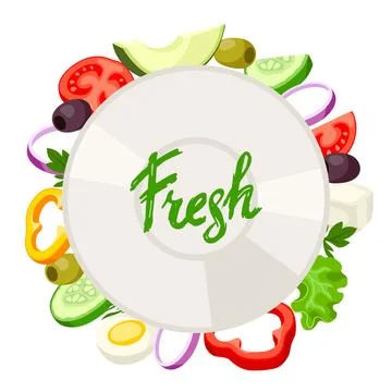 Background with vegetables and plate. Fresh products for Greek salad. Medit.. Stock Illustration