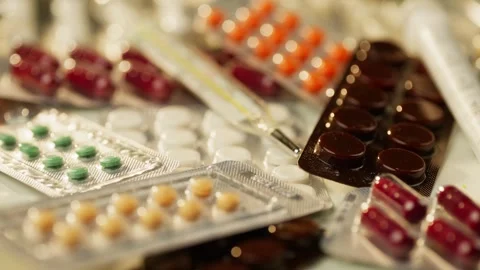 Background video of a close-up of a thermometer lying on a table with pills. Stock Footage 279565871