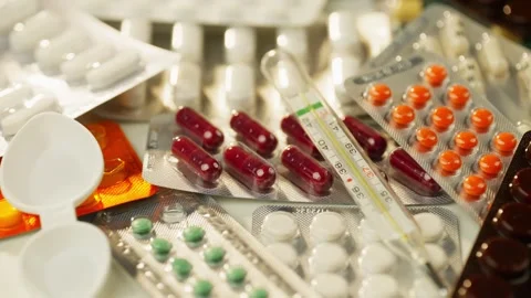 Background video of pills in a bundle in a mixture lying on the table. Stock Footage 278001975