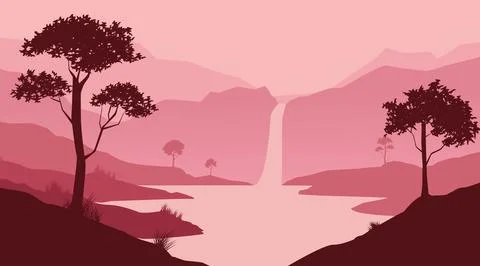 Background view of waterfalls, silhouettes of forests and mountains Stock Illustration