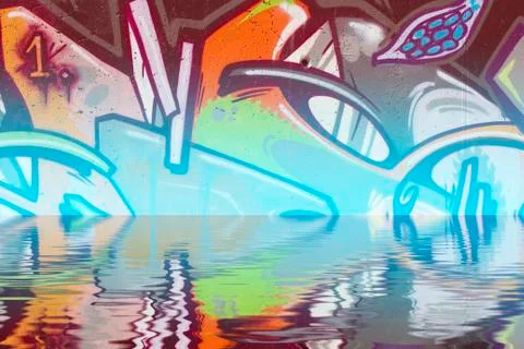 Background wall with graffiti reflection in  water, artistic urban picture Ilustración de archivo
