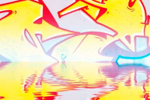 Background wall with graffiti reflection in  water, artistic urban picture Illustrazione stock