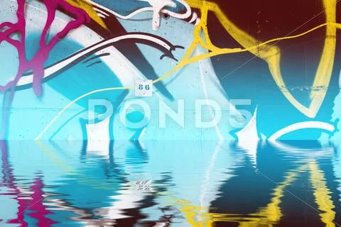 Background wall with graffiti reflection in water, artistic urban picture Stock Illustration