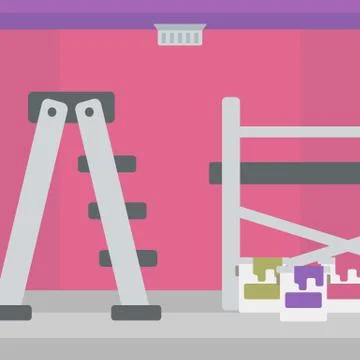 Background of wall with paint cans and ladder Ilustración de archivo