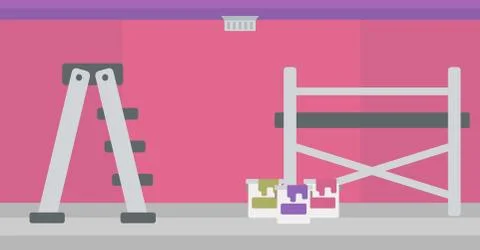 Background of wall with paint cans and ladder Ilustración de archivo