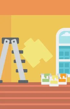 Background of wall with paint cans and ladder Ilustración de archivo
