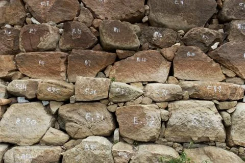 Background wall pattern of historical stone wall of ancient india Stock Photos