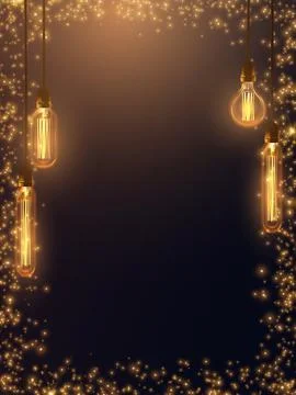 Background with warm light Edison light bulbs and golden glitter. Stock Illustration