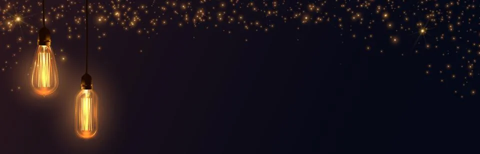 Background with warm light Edison light bulbs and golden glitter. 库存插图