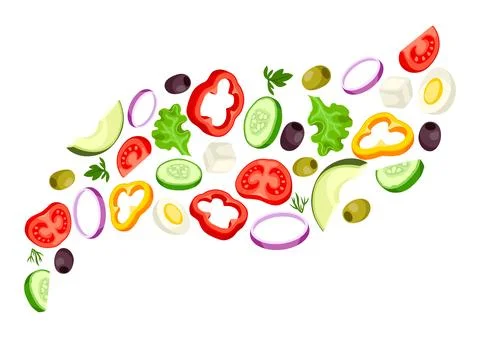 Background wave with vegetables. Fresh products for Greek salad. Mediterran.. Illustrazione stock