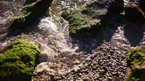 Background Waves crashing on rocks on the beach. A light tide in the lagoon on Stock Footage 237907884
