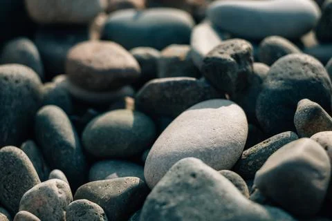 Background wet pebbles. The texture of polished sea stones. Close-up Stock Photos