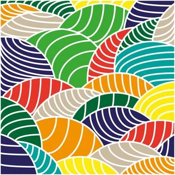 Background of white arc-shaped lines on colored doodle shapes. Stock Photos