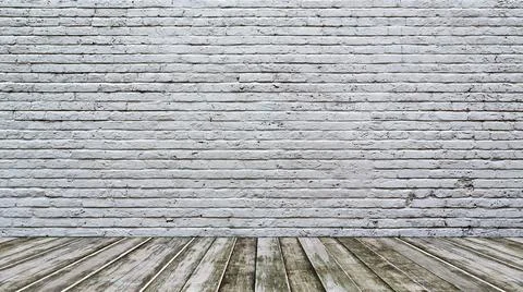 Background white brick wall and wood floor Stock Photos