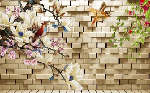 Background with white brick wall, warm illumination, birds and fabulous flowers Stock Illustration