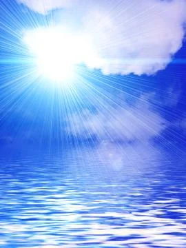 Background with white clouds, sun, sky and water Stock Photos