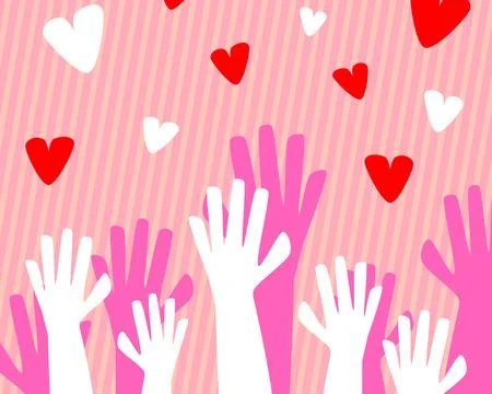Background of white hands with red hearts Stock Illustration