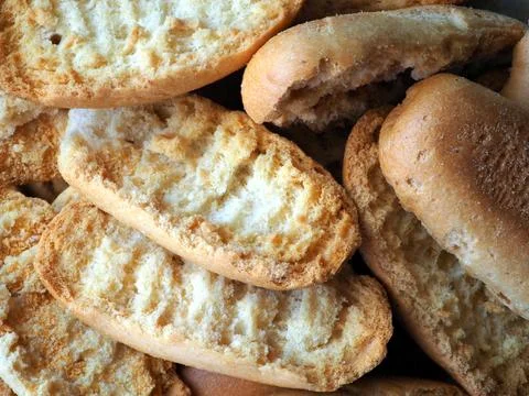 Background from white wheat toasts. Close-up 库存照片