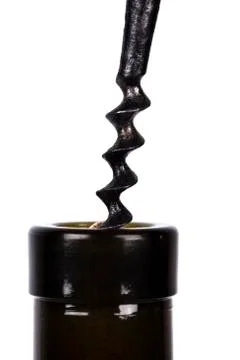 Background with wine bottle, corkscrew and cork Stock Photos