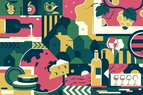 Background of winemaking, cheese and grape. Stock Illustration