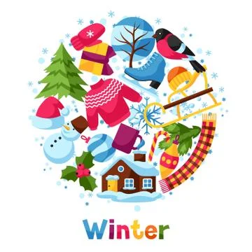 Background with winter objects. Merry Christmas, Happy New Year holiday items Stock Illustration