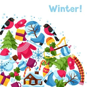 Background with winter objects. Merry Christmas, Happy New Year holiday items Stock Illustration